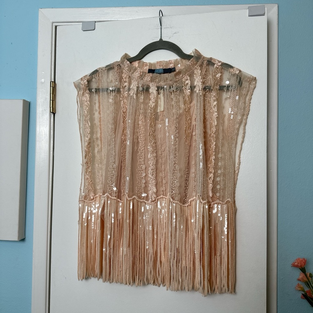 Anthropologie Blush Sequin Fringe Sleeveless Top